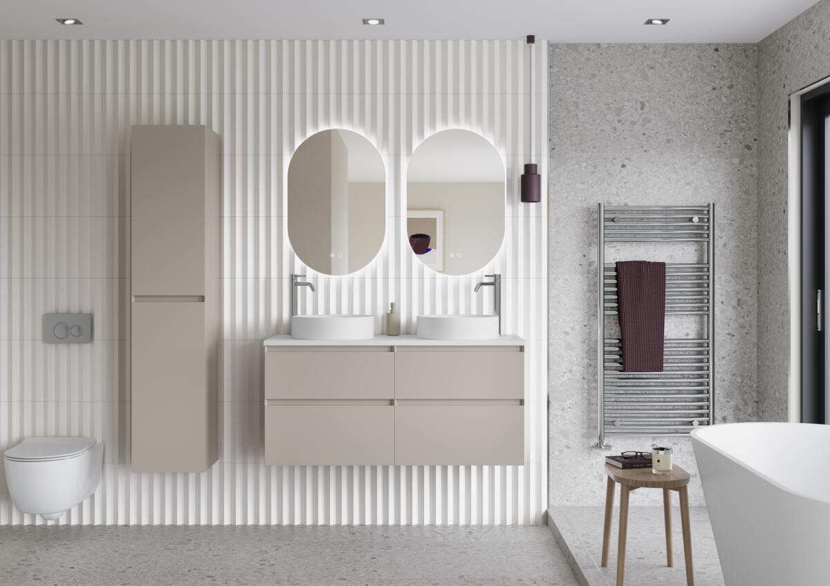 Mozzano Soft Taupe 1200 with Tall Unit Vitolo Basins and Cedro Capsule