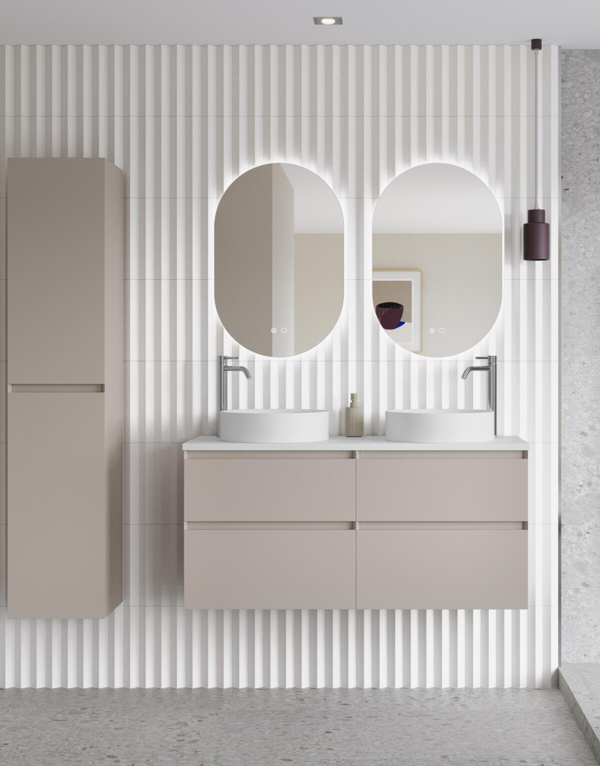 Mozzano Soft Taupe 1200 with Tall Unit Vitolo Basins and Cedro Capsule