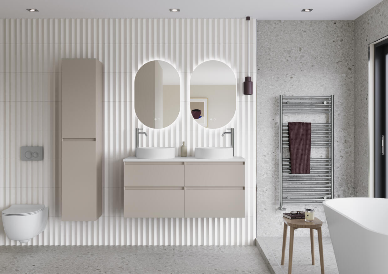 Mozzano Soft Taupe 1200 with Tall Unit Vitolo Basins and Cedro Capsule