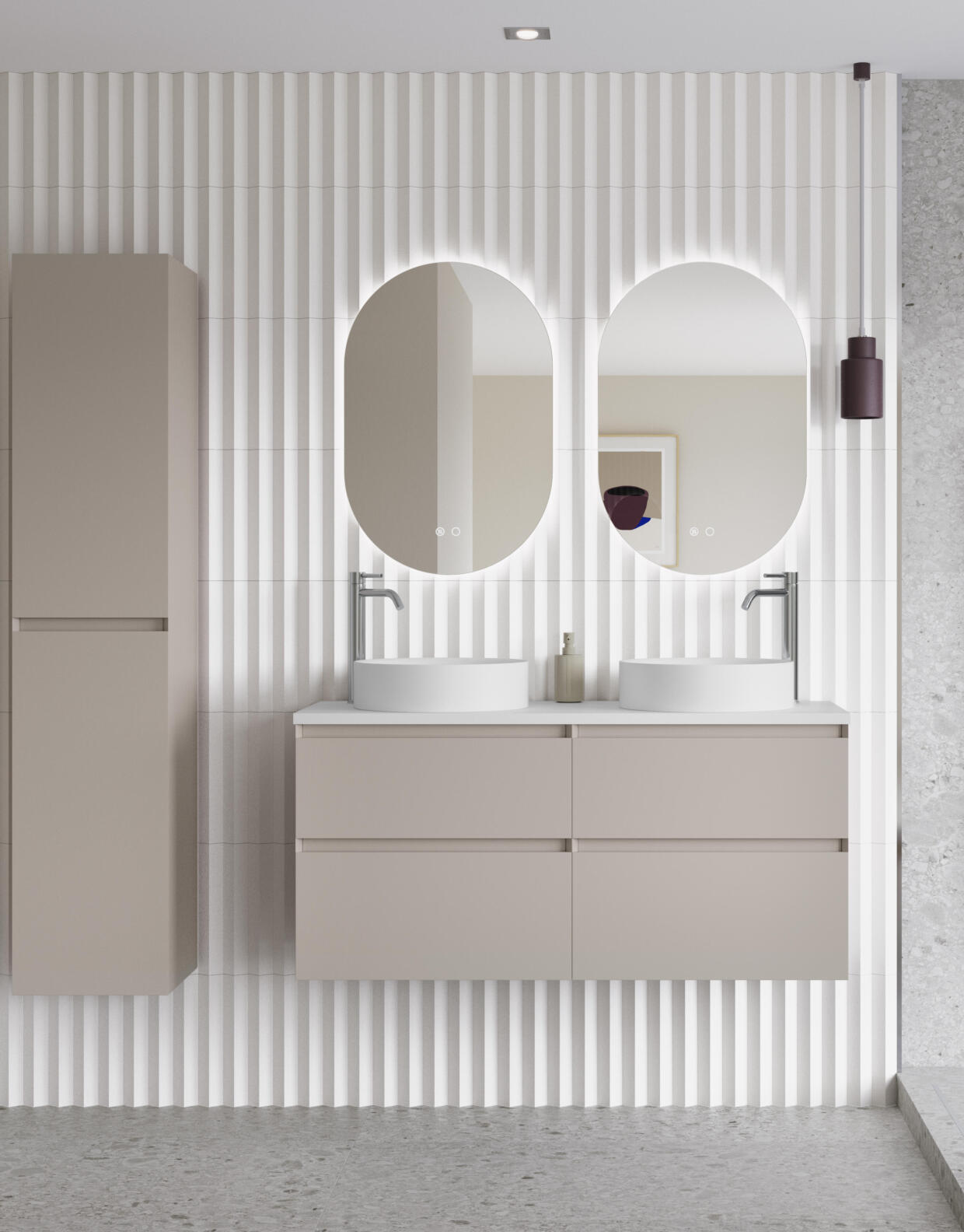 Mozzano Soft Taupe 1200 with Tall Unit Vitolo Basins and Cedro Capsule