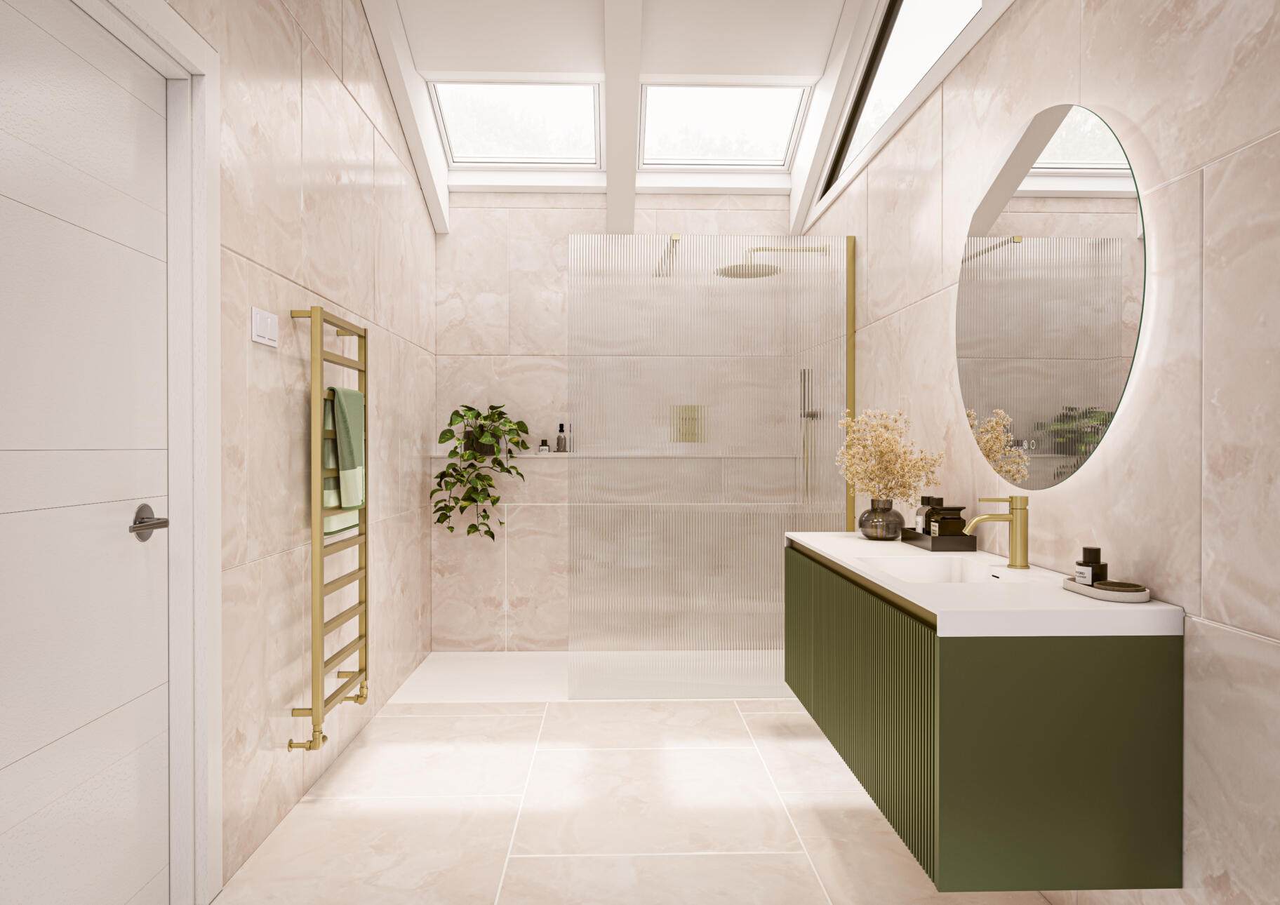 Tavo Brushed Brass Fluted Glass Marcello Tuscan Green Stratto Ca Pietra California Porcelain Beige