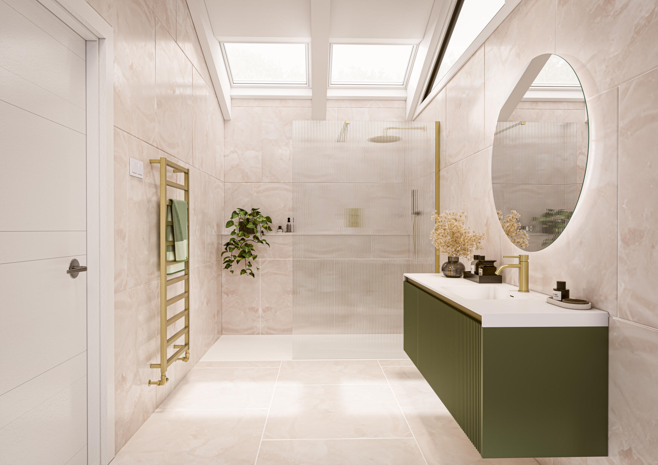 Tavo Brushed Brass Fluted Glass Marcello Tuscan Green Stratto Ca Pietra California Porcelain Beige
