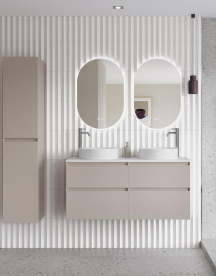 Mozzano Soft Taupe 1200 with Tall Unit Vitolo Basins and Cedro Capsule