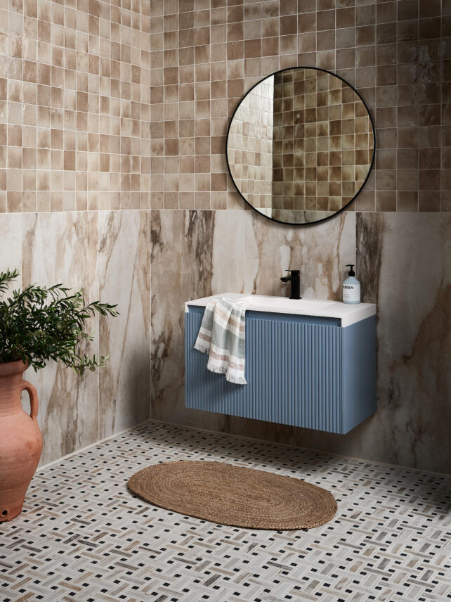CP East Village Oro Basketweave Mosaic and 60x120 Pottery Oatmeal Square CREDIT TISSINO VANITY UNIT 2