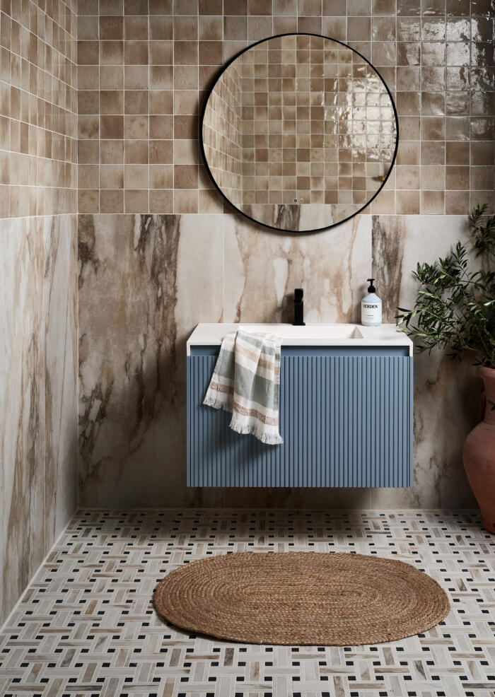 CP East Village Oro Basketweave Mosaic and 60x120 Pottery Oatmeal Square CREDIT TISSINO VANITY UNIT 3