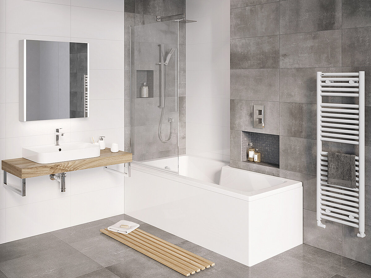 Acrylic Shower Bath in Grey and White Bathroom